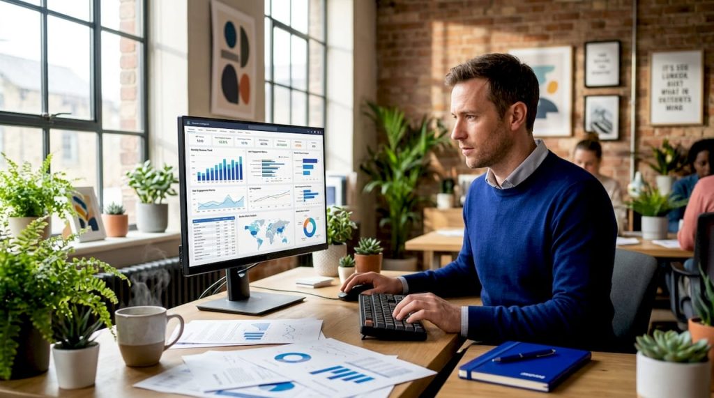 Business analyst viewing automated dashboard at desk