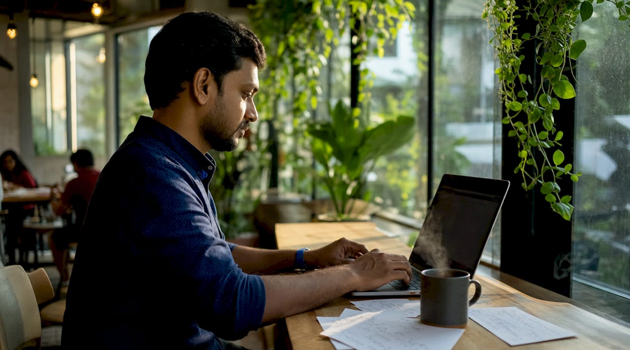 IT professional typing at desk in office
