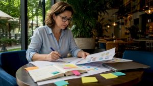 Manager reviewing workflow charts at desk