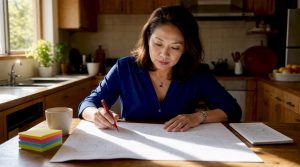 Woman reviewing printed business process workflow