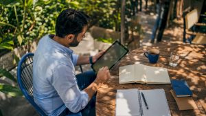 Marketing manager studying customer lifecycle in office