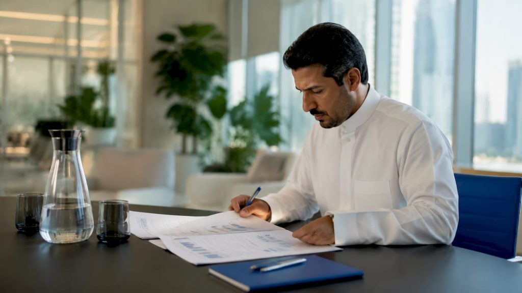 Middle Eastern business leader reviewing improvement process documents
