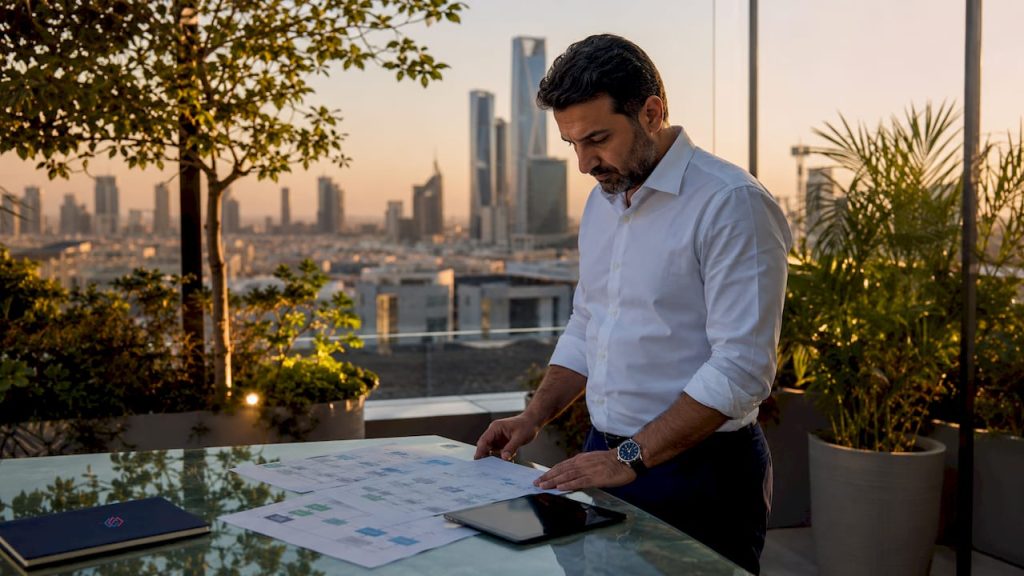 Executive reviewing AI ERP documents in office