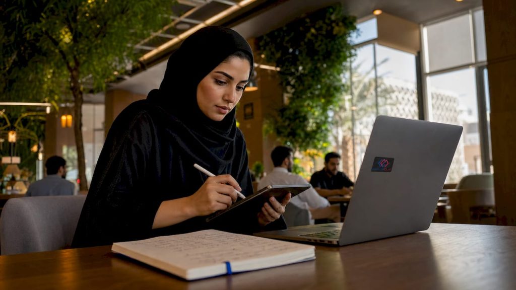 Middle Eastern businesswoman engaging with digital device in office