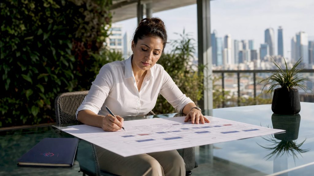 Business leader reviewing process flow documents