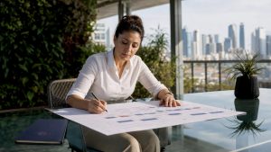 Business leader reviewing process flow documents