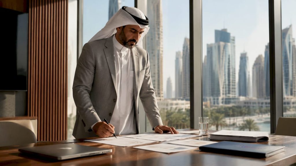 Middle Eastern executive reviewing CRM strategy documents