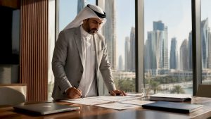 Middle Eastern executive reviewing CRM strategy documents