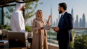 Business leaders in UAE boardroom discussing data