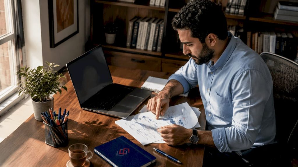 Middle Eastern man reviewing BPM software documents