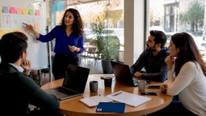 Woman leading agile meeting in conference room