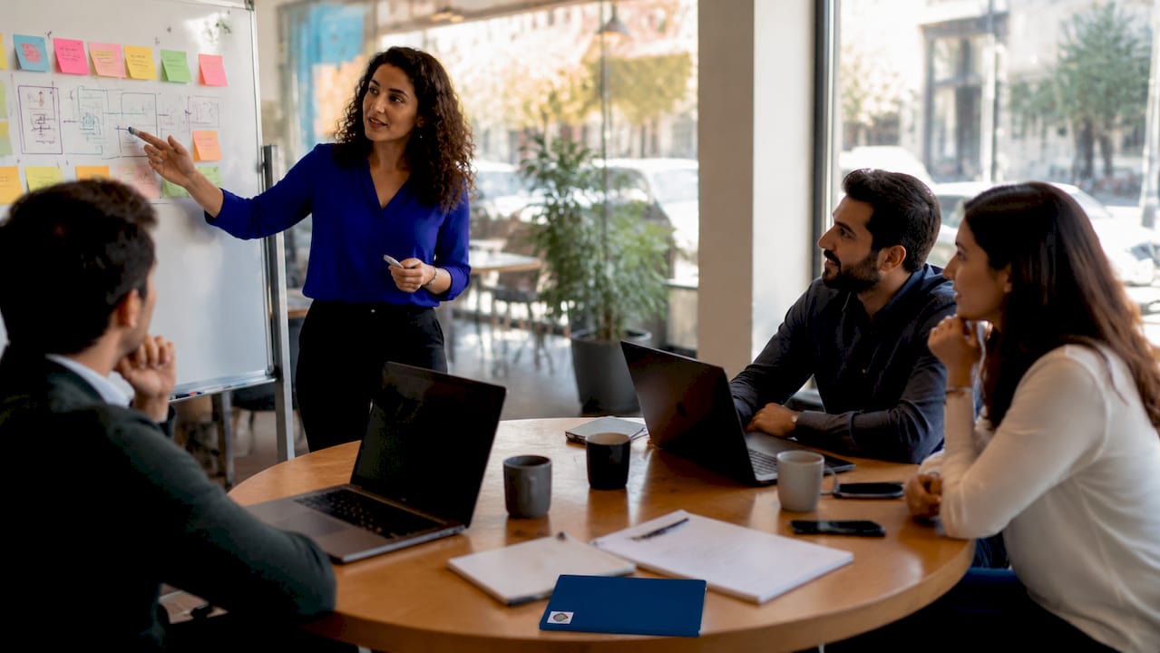 Woman leading agile meeting in conference room