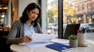 Businesswoman organizing resource plans in office