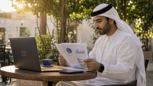 Middle Eastern businessman reviewing ERP report in office