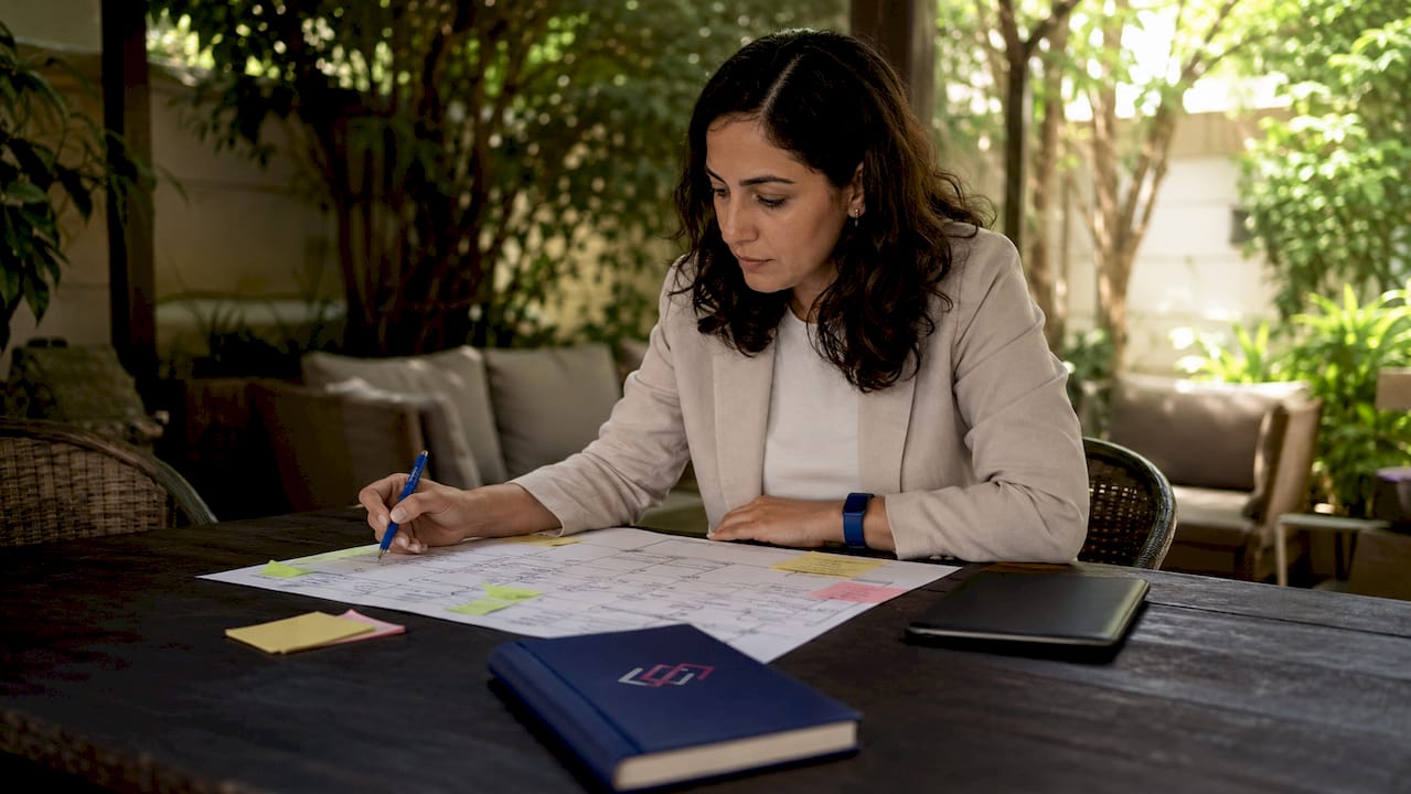 Woman reviewing workflow diagram at table