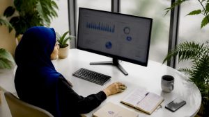 Woman analyzing real-time data on office monitor