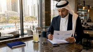 Middle Eastern leader reviewing KPI dashboard in office