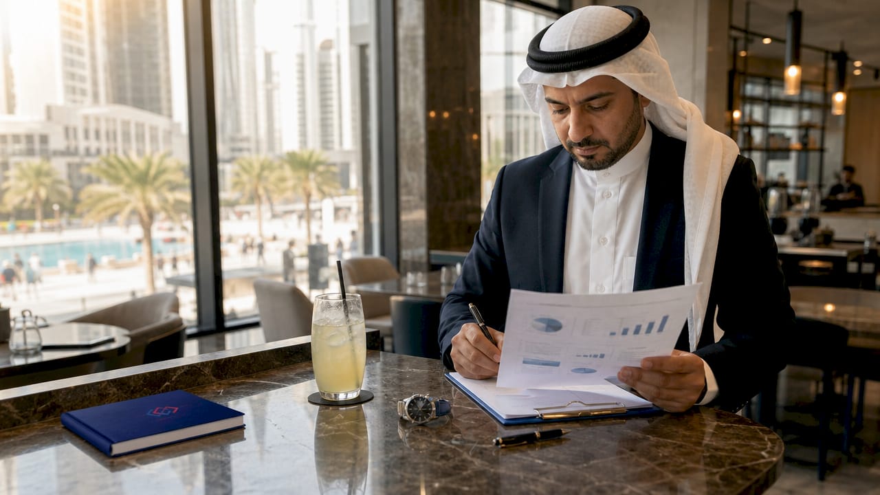 Middle Eastern leader reviewing KPI dashboard in office