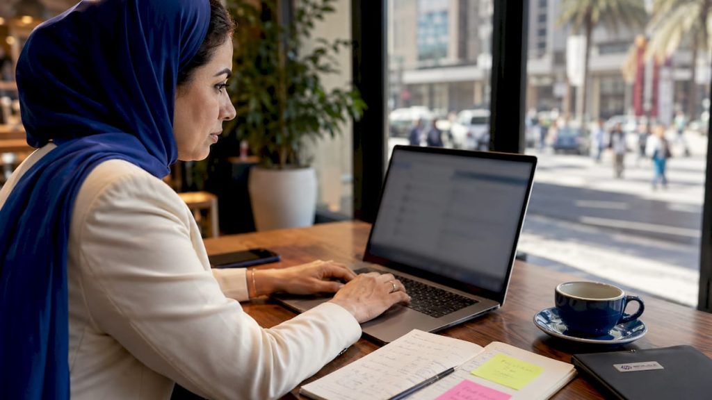 Businesswoman working on Microsoft Dynamics CRM