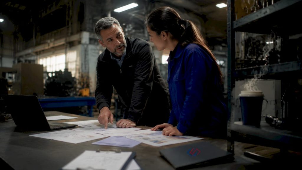 Manufacturing manager and engineer reviewing ERP data on monitor
