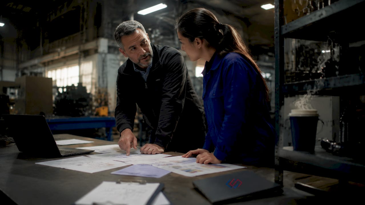 Manufacturing manager and engineer reviewing ERP data on monitor