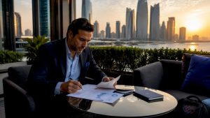 Business leader reviewing process optimization reports in office