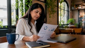 Businesswoman reviewing KPI dashboard in office