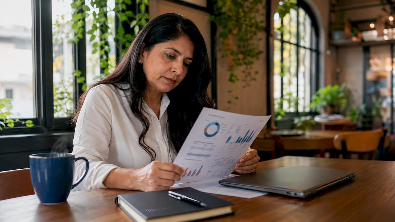 Businesswoman reviewing KPI dashboard in office