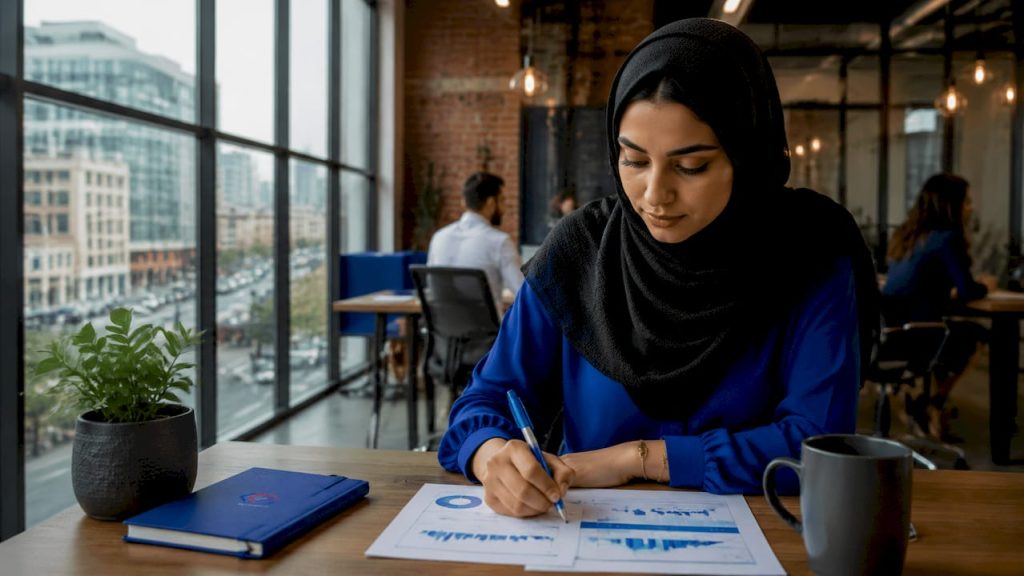 MENA businesswoman using Microsoft Dynamics Copilot