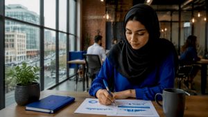 MENA businesswoman using Microsoft Dynamics Copilot