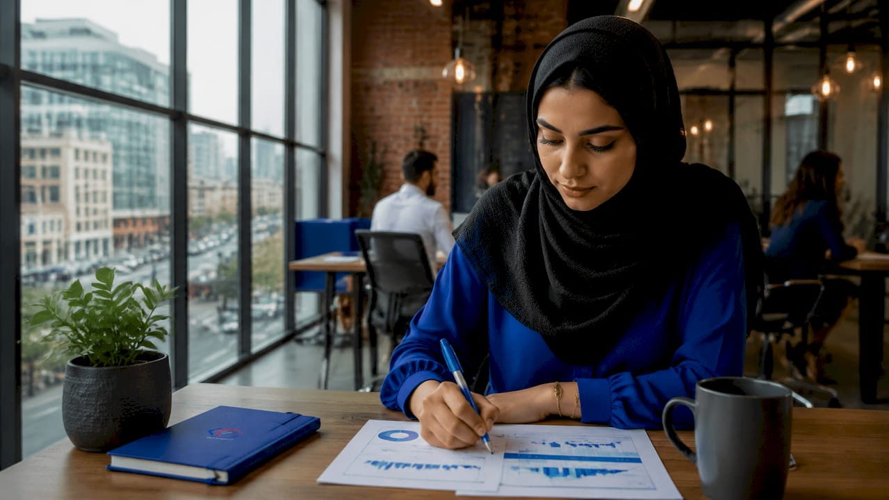 MENA businesswoman using Microsoft Dynamics Copilot