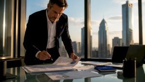 C-suite leader reviewing AI transformation documents
