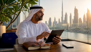 Emirati businessman using tablet in office with Dubai view