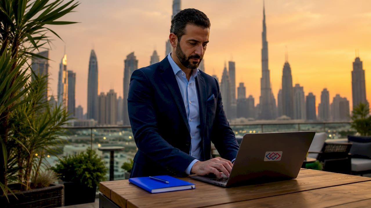 Business executive using AI ERP system in office.