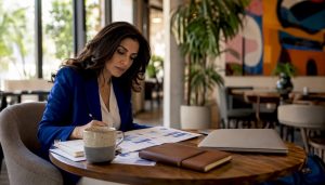 Businesswoman evaluating CRM options in office
