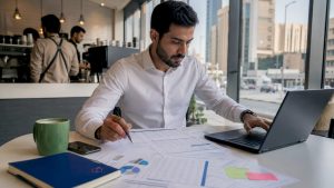 Man reviewing ERP budget documents in office