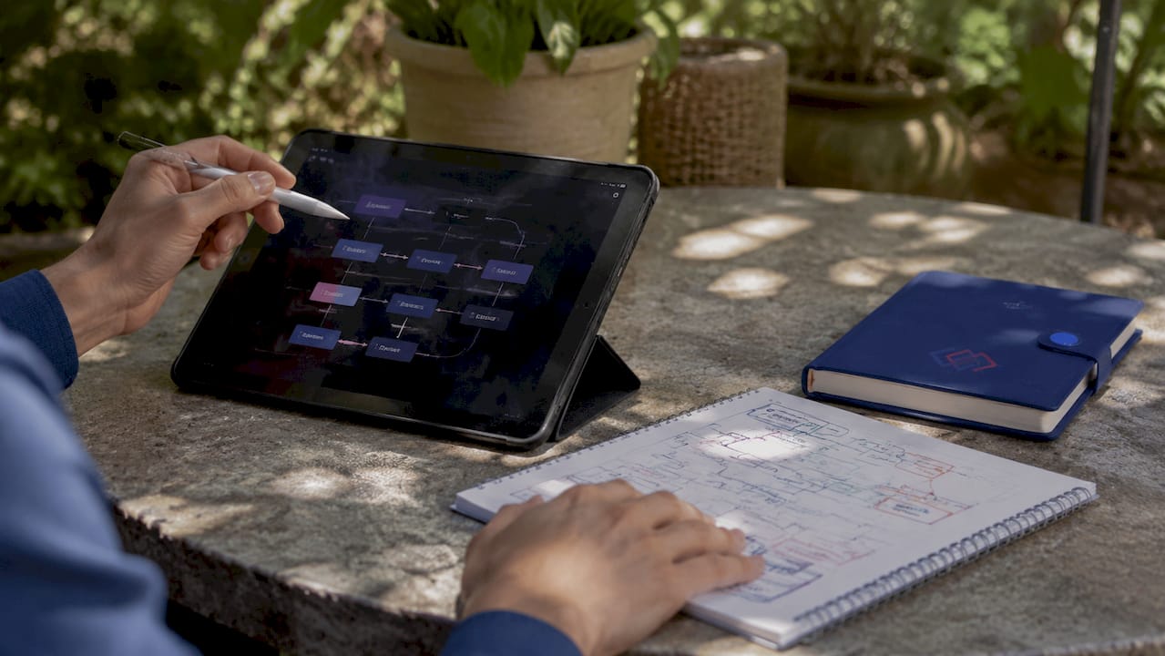 Hands discussing low-code platform features on tablet