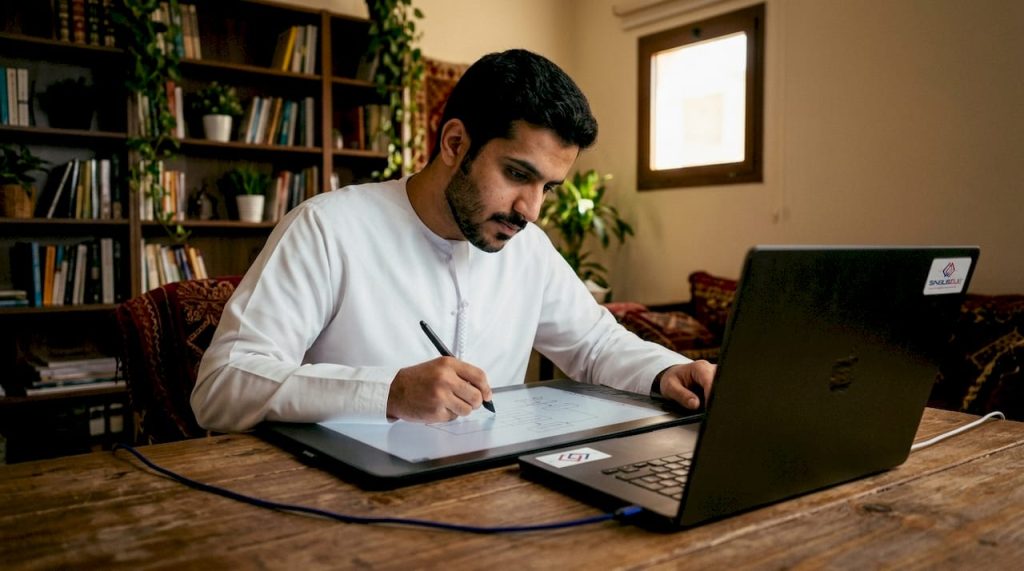 Engineer designing low-code workflow on tablet