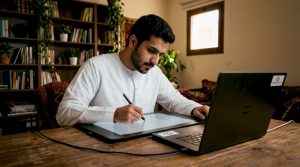 Engineer designing low-code workflow on tablet