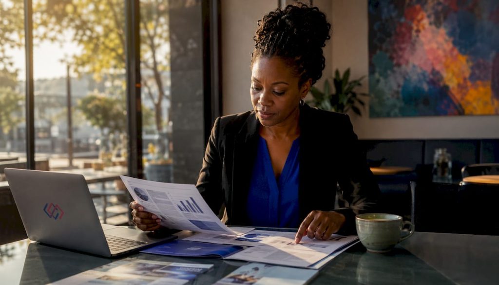 Business analyst reviewing ERP software brochures