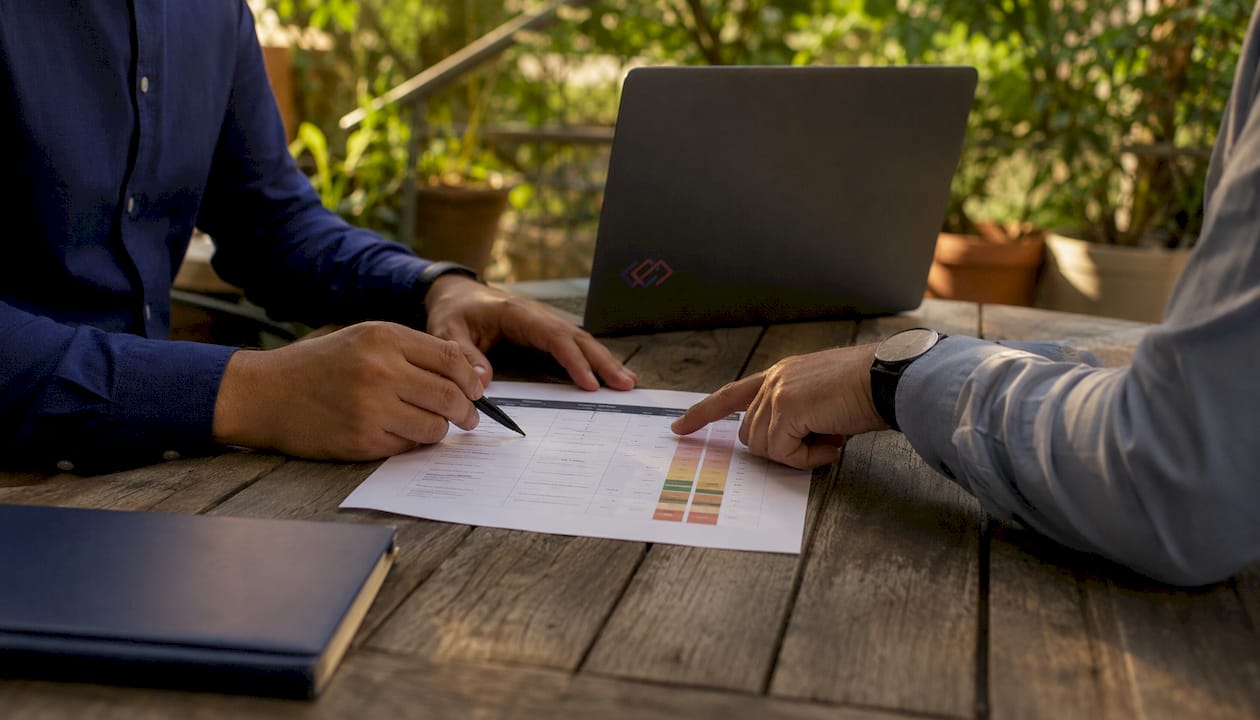 Hands reviewing CRM vendor scoring rubric