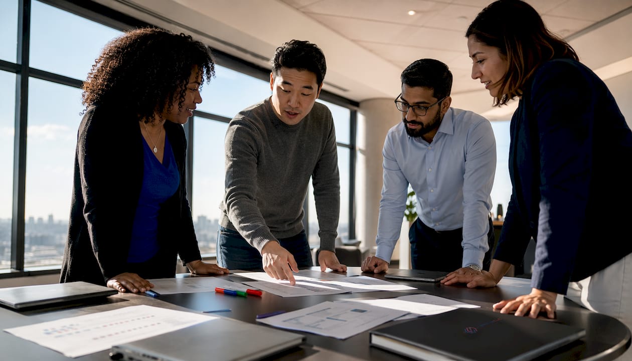 Team reviewing CRM checklists in meeting room