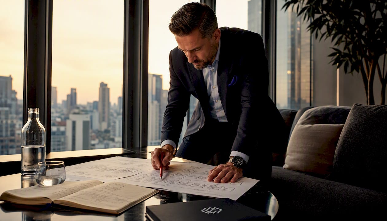 Enterprise leader reviewing process maps at desk