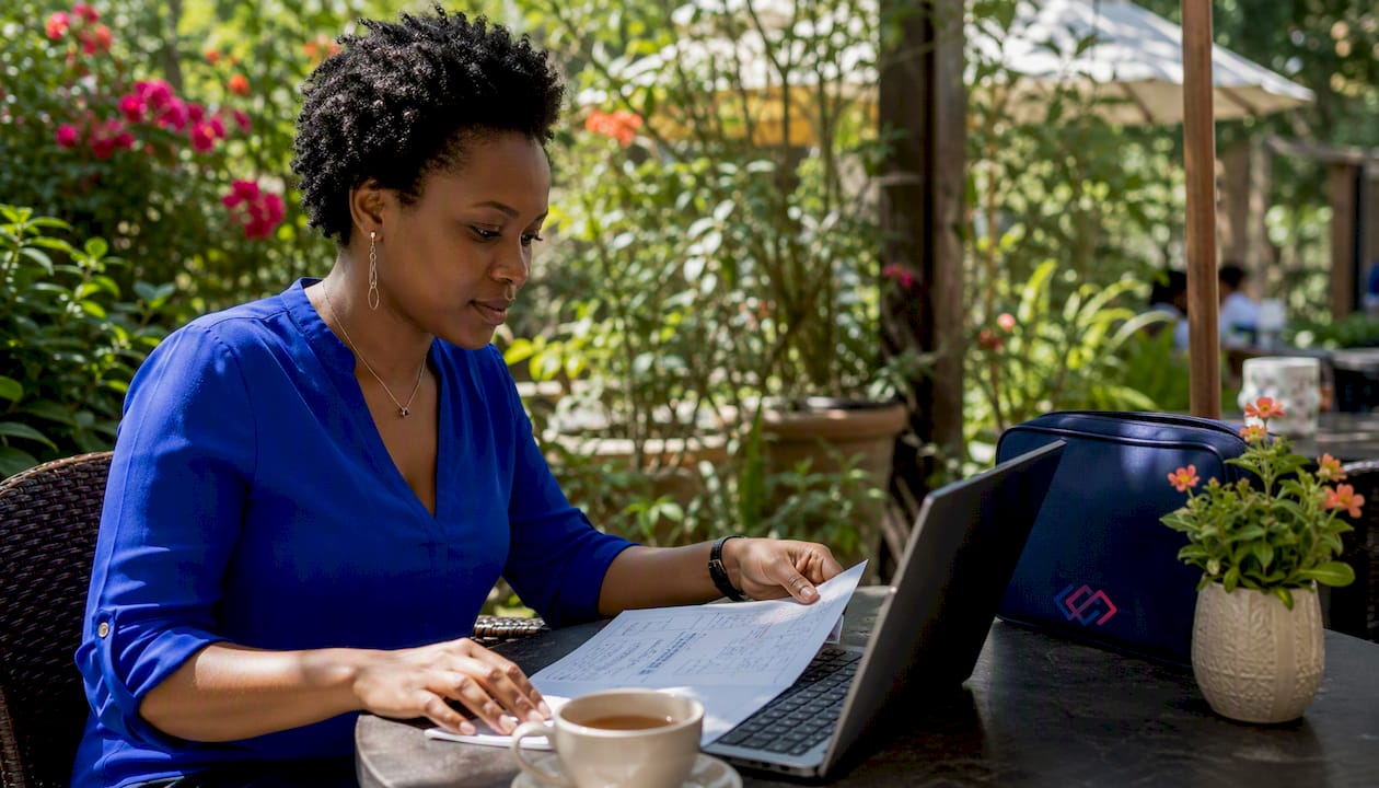 Architect reviewing mapping rules documentation with laptop