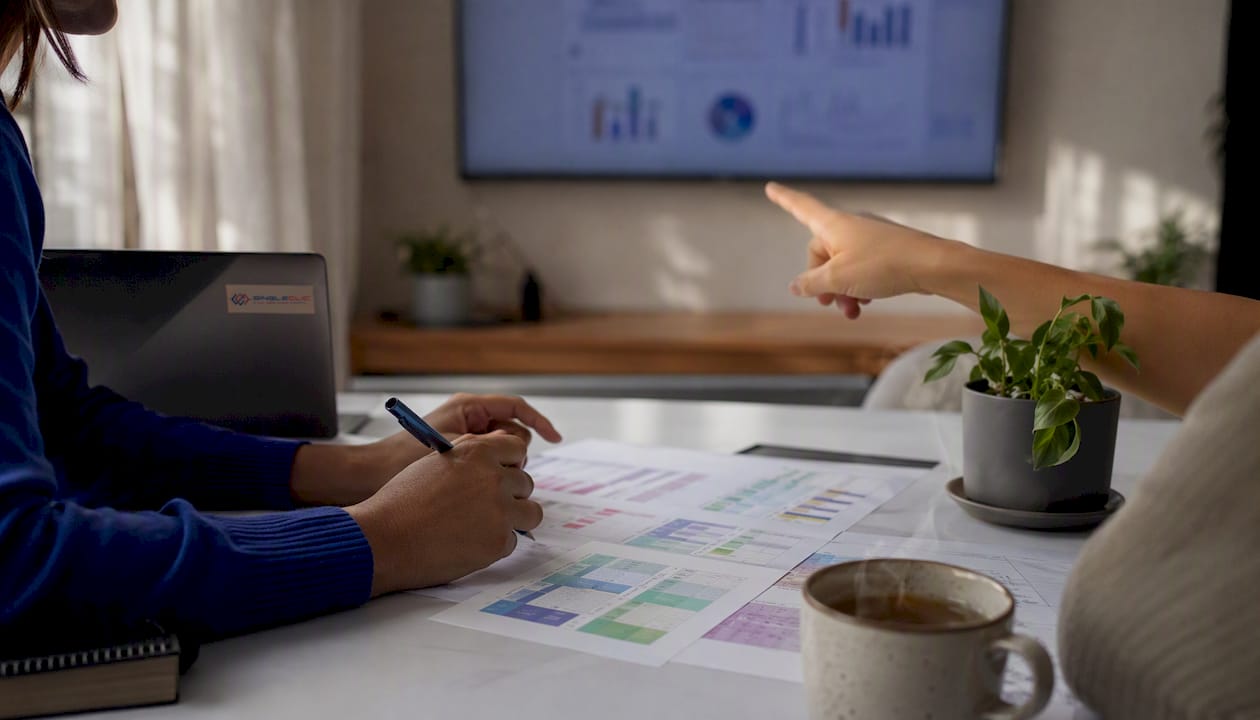 Hands organizing data inventory spreadsheets