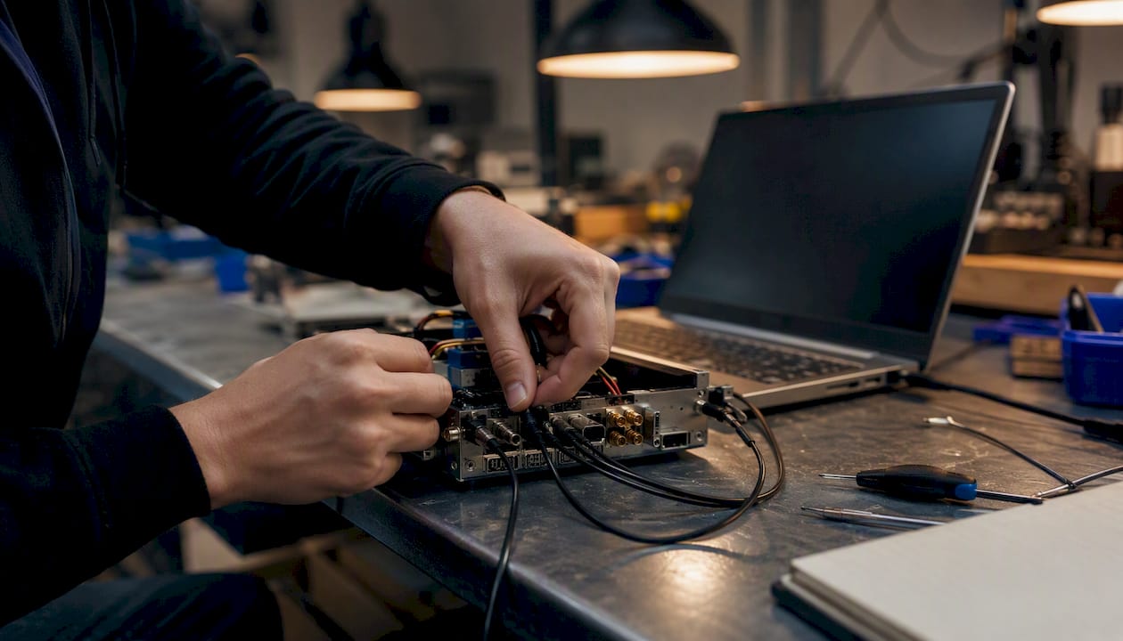 Hands working on hardware interface for feasibility test