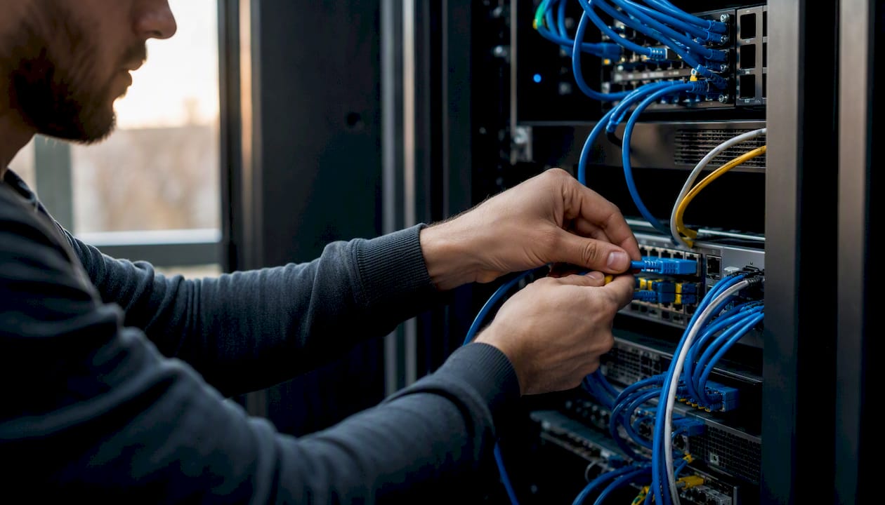 Hands connecting cables on server rack