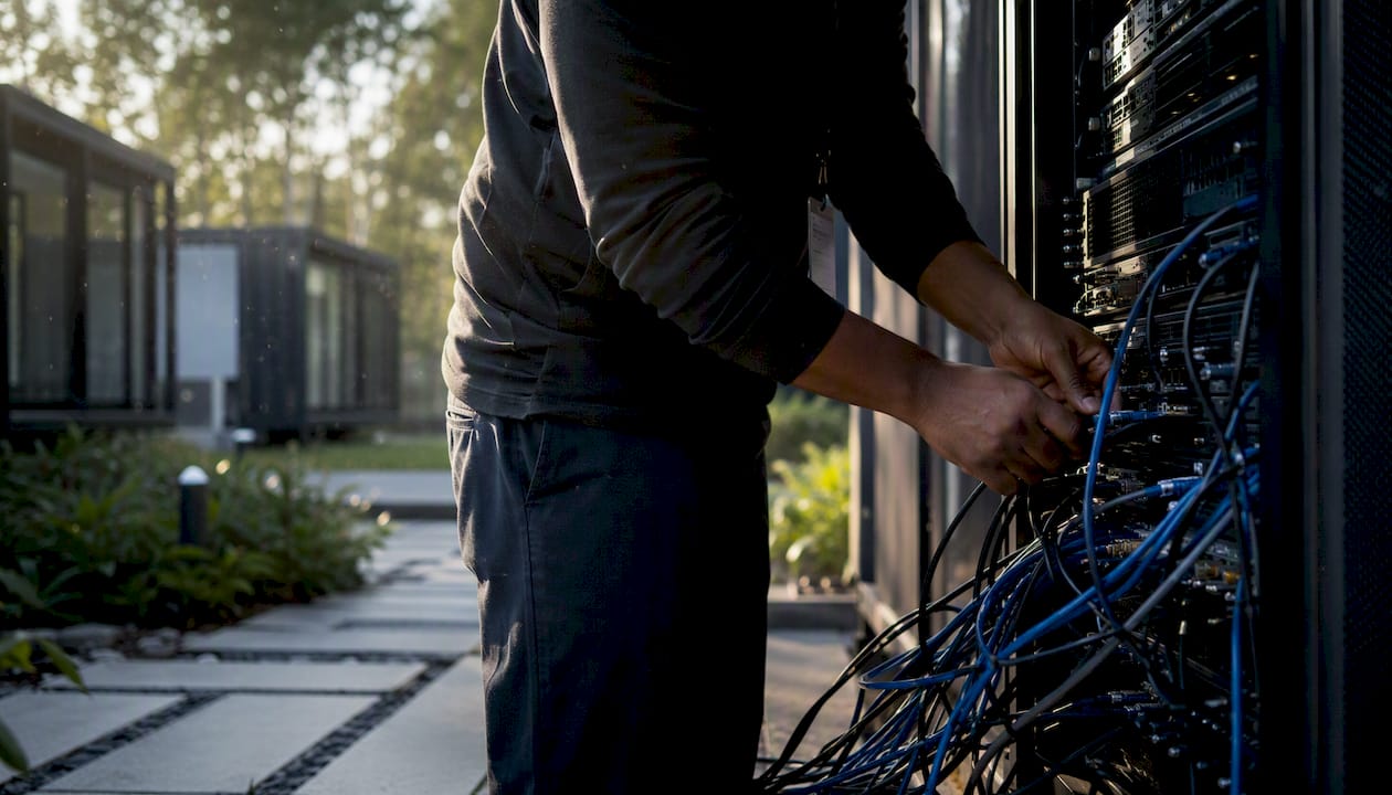 Hands unplugging cables from legacy server