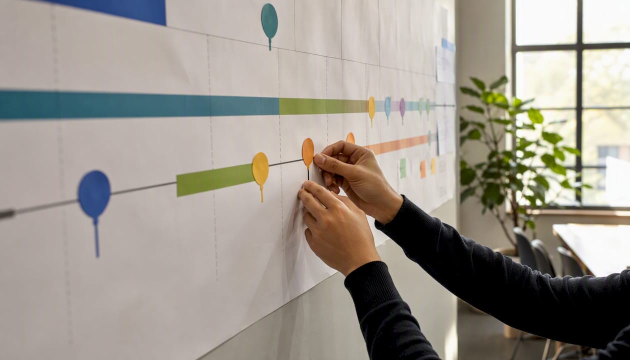 Hands aligning project milestones on roadmap