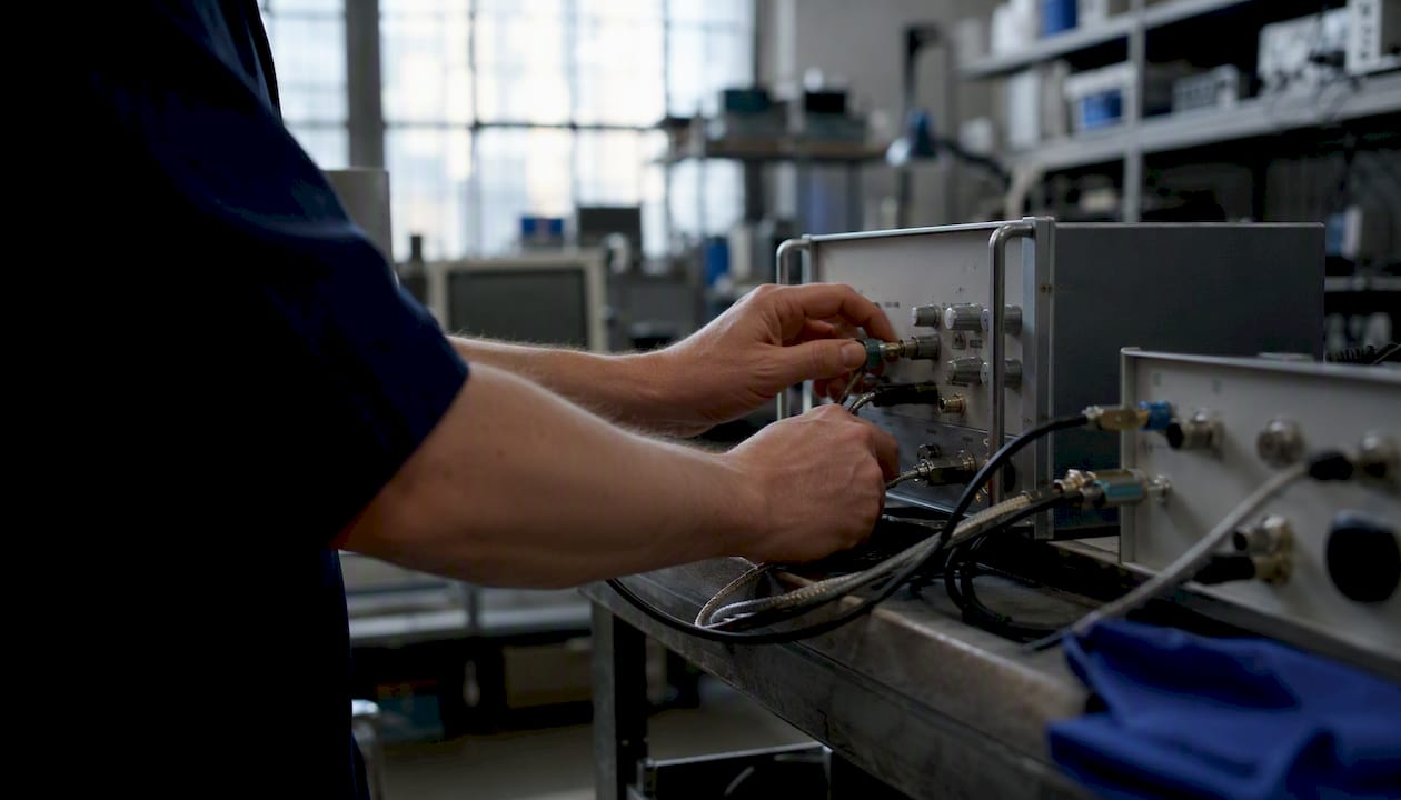 Hands calibrating test equipment